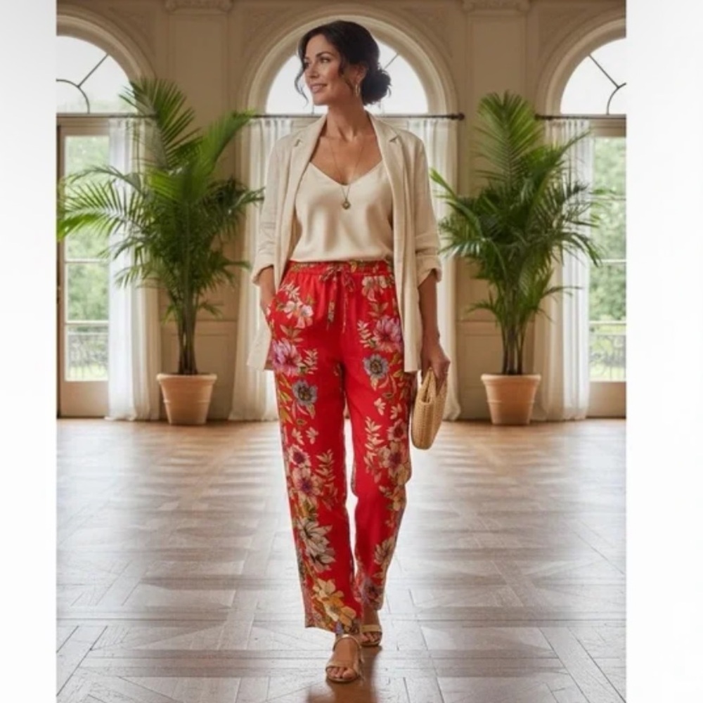 Johnny Was Auriela  Drawstring Elastic Waist Red Floral Boho Wide Leg Pants XL
